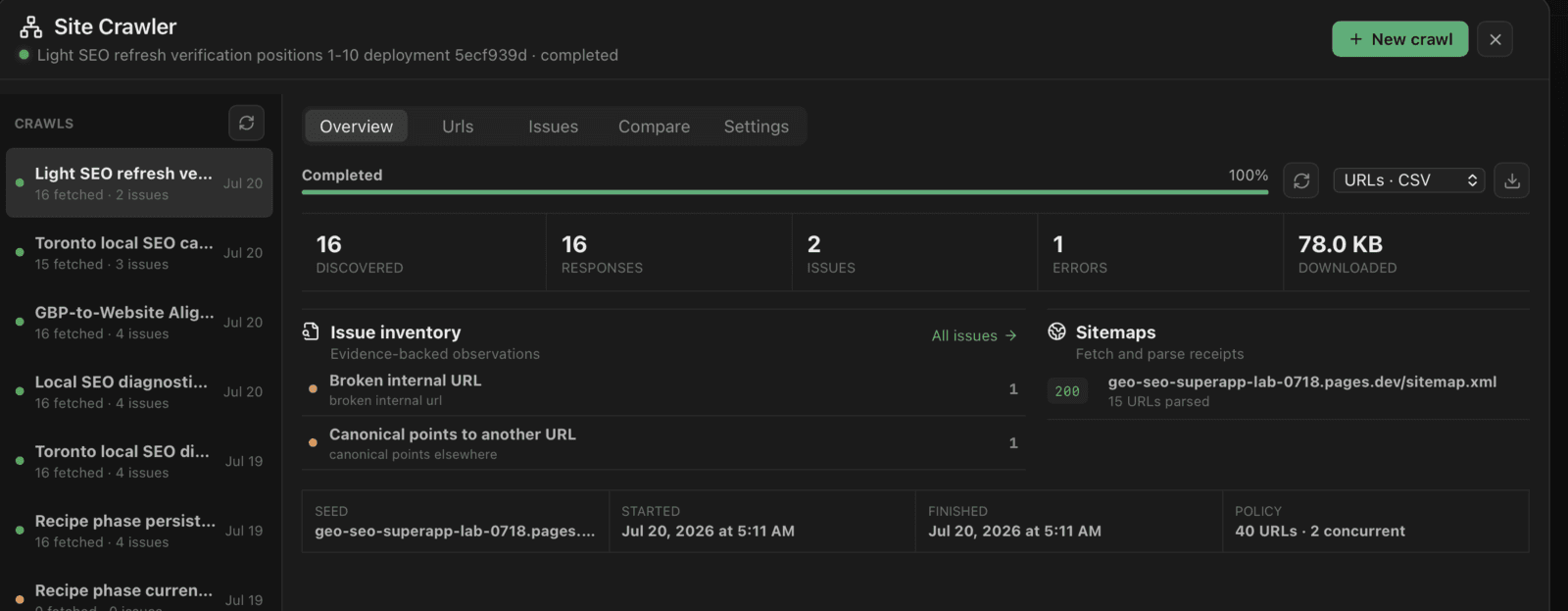GEO SEO SuperApp site crawler overview