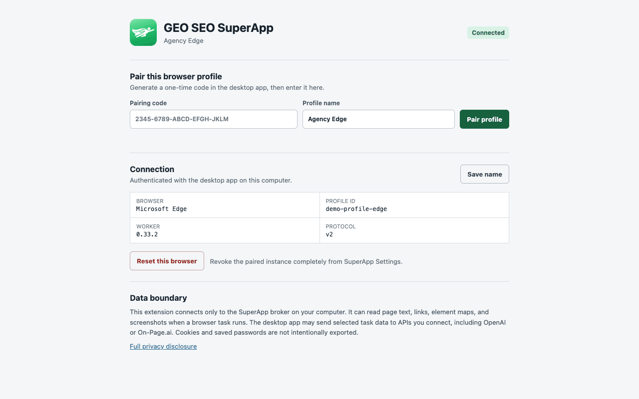 GEO SEO SuperApp Edge profile pairing screen