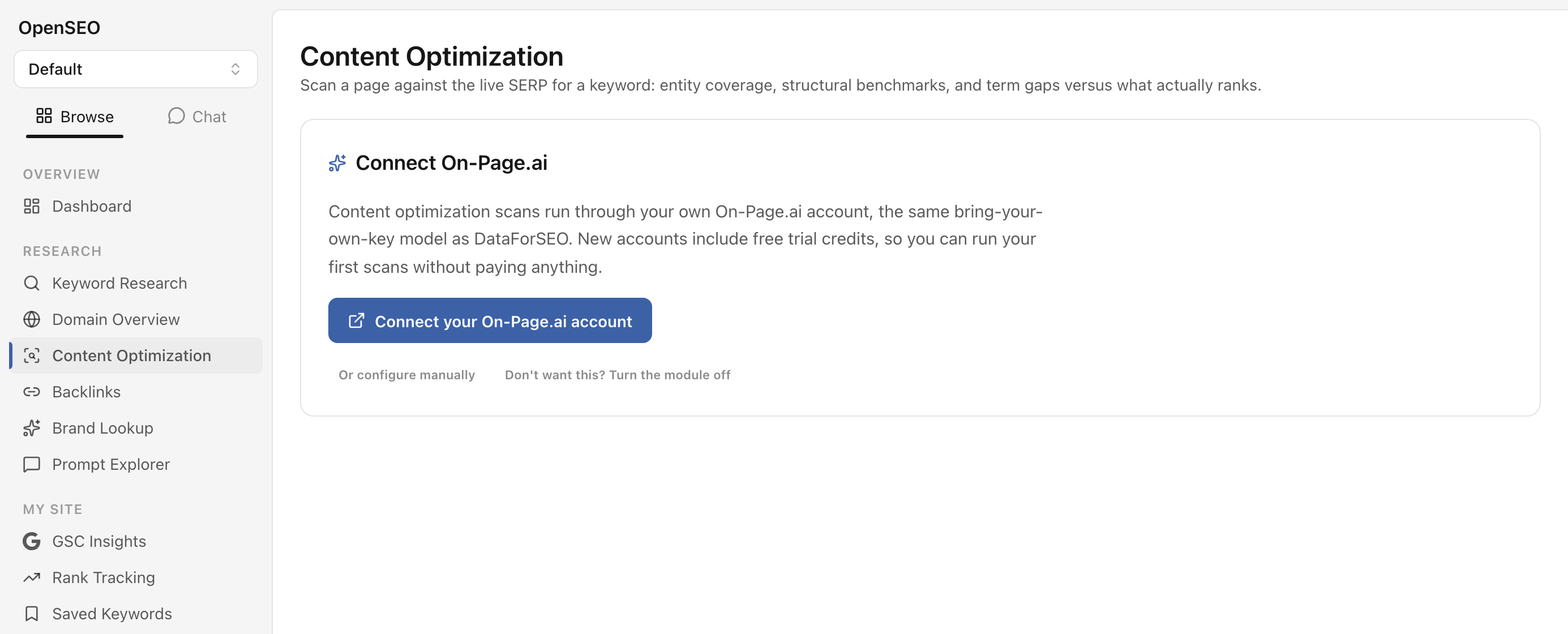 Connect On-Page.ai card in OpenSEO with a one-click connect button