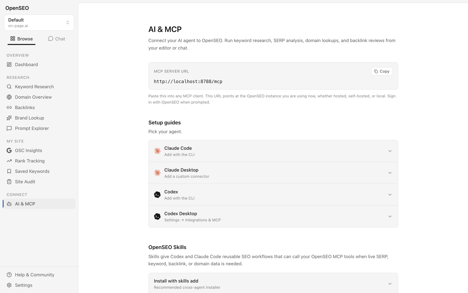 OpenSEO AI and MCP connection page with setup guides for Claude Code and Codex