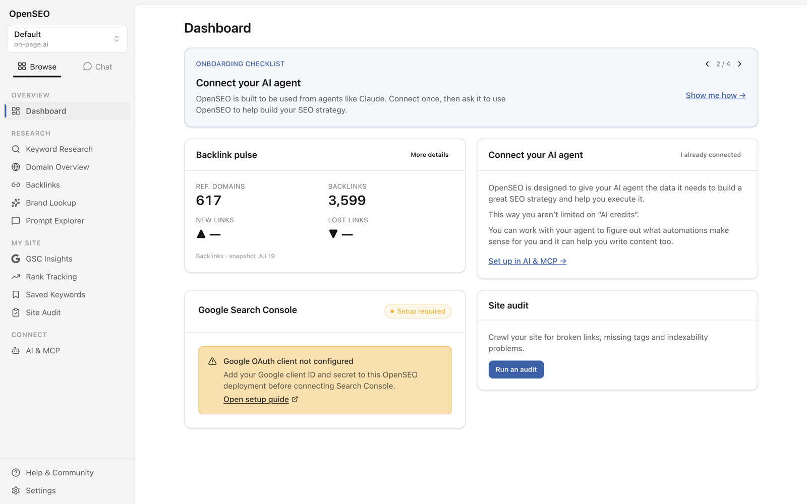 OpenSEO dashboard with backlink pulse and onboarding checklist