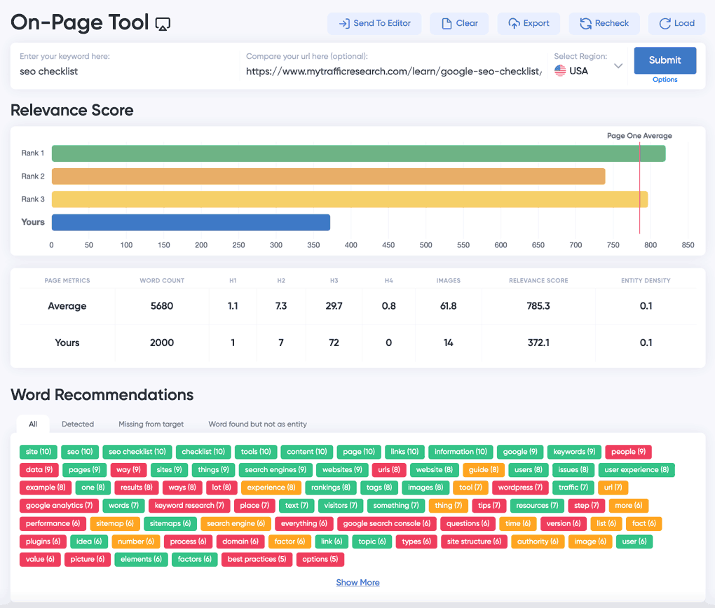 On-Page.ai scan interface showing relevance score, page metrics, and word recommendations for a URL and keyword.